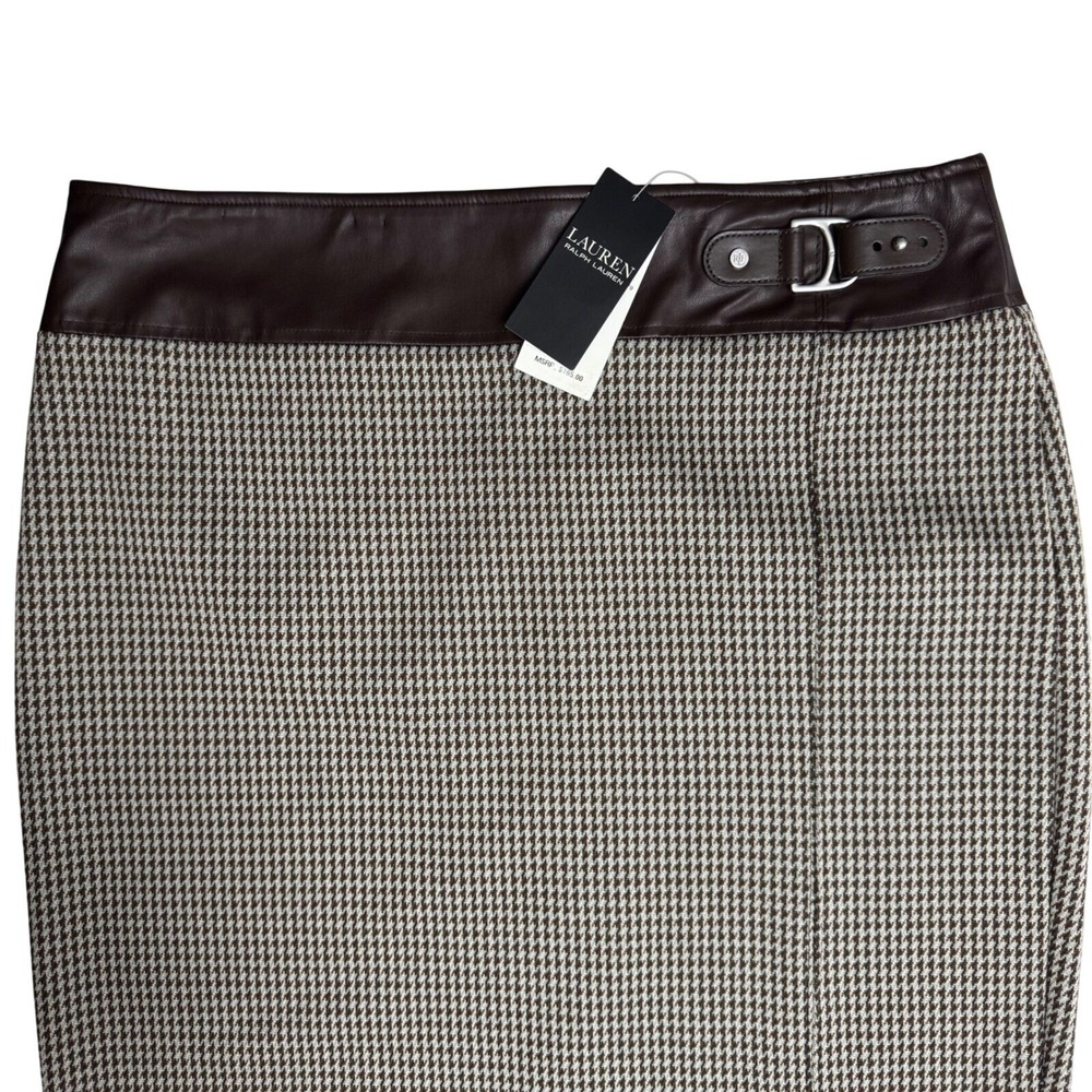 NWT Lauren Ralph Lauren Pencil Skirt 14 Houndstooth Stretchy Career Faux Leather - Picture 2 of 8